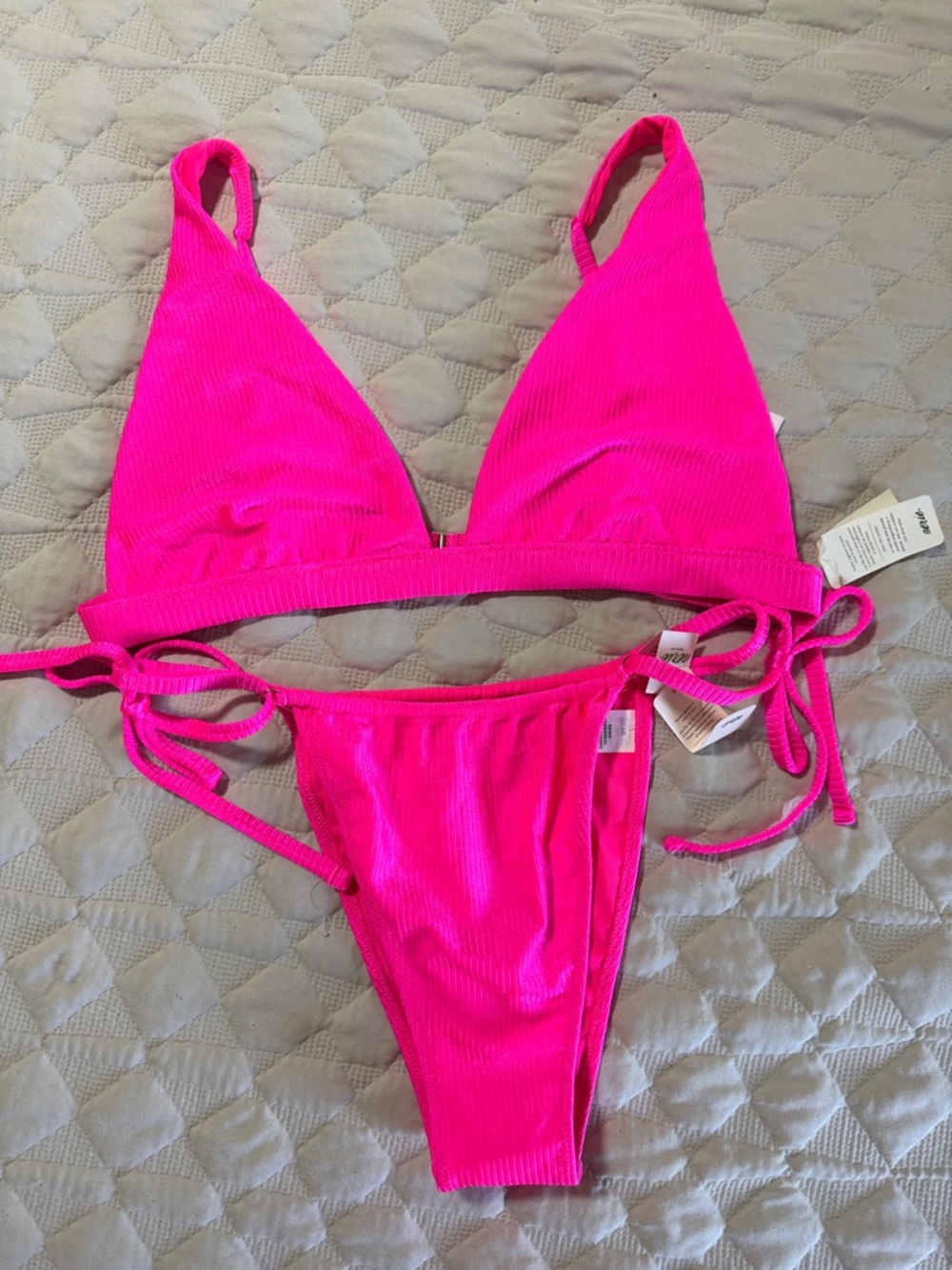 aerie Hot Pink Ribbed Triangle Bikini Set